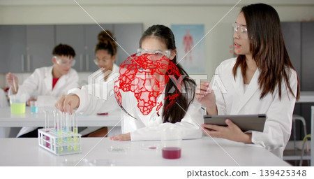 Classmates wearing lab coats conducting experiment in school lab, with tube rack and globe overlay Classmates wearing lab coats conducting experiment in school lab, with tube rack and globe overlay 139425348