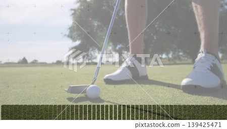 Putter head positioning behind golf ball on putting green by golfer's legs in white golf shoes Putter head positioning behind golf ball on putting green by golfer's legs in white golf shoes 139425471
