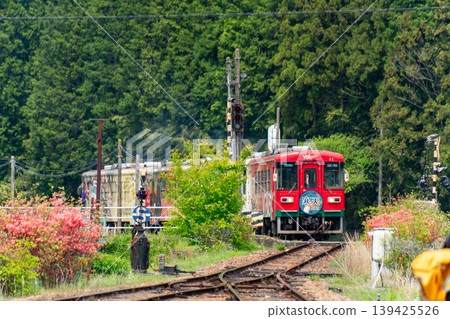 明智鐵道的 Agar-Agar 列車(4 節車廂編組)穿過岩村站附近的山區。 明智鐵道的 Agar-Agar 列車(4 節車廂編組)穿過岩村站附近的山區。 139425526