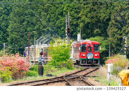明智鐵道的 Agar-Agar 列車（4 節車廂編組）穿過岩村站附近的山區。 139425527