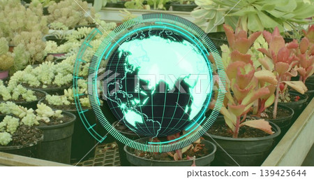 Displaying digital globe overlay with UI rings hovering above succulent pots on wire-mesh bench Displaying digital globe overlay with UI rings hovering above succulent pots on wire-mesh bench 139425644