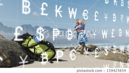 Embracing couple sharing affection on beach, with rolled-mat backpack, floating currency symbols Embracing couple sharing affection on beach, with rolled-mat backpack, floating currency symbols 139425654