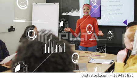 Presenter wearing red sweater and headband pointing toward screen in meeting room, with flip chart Presenter wearing red sweater and headband pointing toward screen in meeting room, with flip chart 139425655