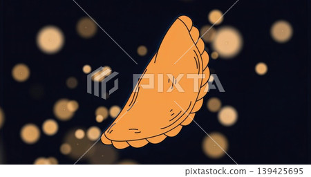 Floating half-moon pastry illustration with crimped edge on dark canvas, with golden bokeh circles 139425695