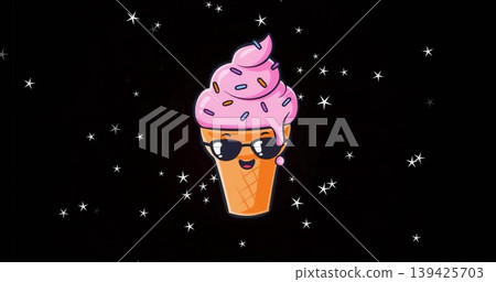 Floating cartoon ice cream pink swirl in waffle cone through starry sky with sprinkles, sunglasses Floating cartoon ice cream pink swirl in waffle cone through starry sky with sprinkles, sunglasses 139425703