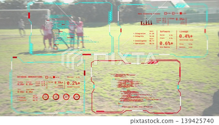 Standing adult soccer players clustering at community field, with bibs, goal net and digital HUD 139425740