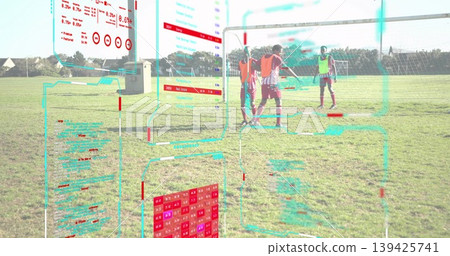 Gathering four soccer players wearing bibs near goalpost on pitch, showing HUD overlays, copy space Gathering four soccer players wearing bibs near goalpost on pitch, showing HUD overlays, copy space 139425741
