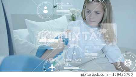Child girl receiving blood sample in clinic, with latex gloves, syringe, data overlay, copy space Child girl receiving blood sample in clinic, with latex gloves, syringe, data overlay, copy space 139425760