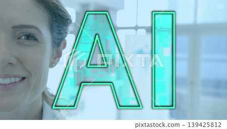 Woman wearing lab coat smiling in modern lab, with frosted glass and AI letters, copy space Woman wearing lab coat smiling in modern lab, with frosted glass and AI letters, copy space 139425812