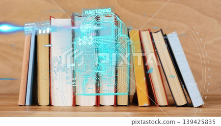 Projecting cyan holographic padlock with circuit grid over hardcover books on wood desk in library Projecting cyan holographic padlock with circuit grid over hardcover books on wood desk in library 139425835