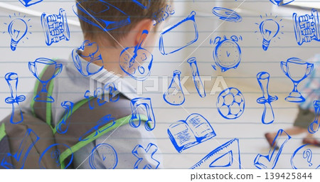 Standing boy wearing grey sweater and green-strapped backpack facing classroom, with blue doodles 139425844