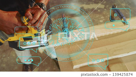 Cutting carpenter guiding jigsaw through plank on bench, with sawdust and AI circuit chat bubbles Cutting carpenter guiding jigsaw through plank on bench, with sawdust and AI circuit chat bubbles 139425874