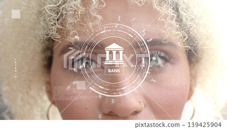 Woman's face glowing under studio lighting, with nose ring, hoop earrings, HUD overlay labeled BANK 139425904