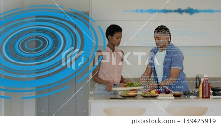 Slicing lettuce and assembling burgers by couple in modern home kitchen, with HUD overlay graphics Slicing lettuce and assembling burgers by couple in modern home kitchen, with HUD overlay graphics 139425919