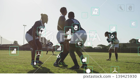 crouching rugby squad wearing jerseys white shorts socks and cleats on grass, showcasing data icons crouching rugby squad wearing jerseys white shorts socks and cleats on grass, showcasing data icons 139425930