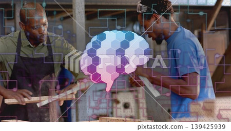 Planing and sanding coworkers shaping wooden planks at workshop bench, with digital brain overlay Planing and sanding coworkers shaping wooden planks at workshop bench, with digital brain overlay 139425939