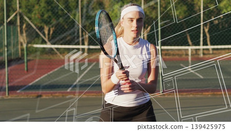 Standing tennis player wearing white top and black skirt gripping racket on outdoor court, with net 139425975