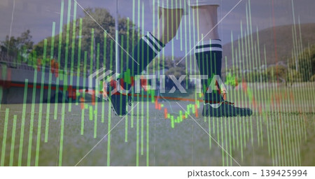 Showing striped socks, red-laced cleats on soccer pitch with green or red candlestick and line chart Showing striped socks, red-laced cleats on soccer pitch with green or red candlestick and line chart 139425994