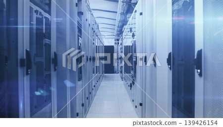 Showing central aisle extending through data center equipment room, with server racks, cable trays Showing central aisle extending through data center equipment room, with server racks, cable trays 139426154