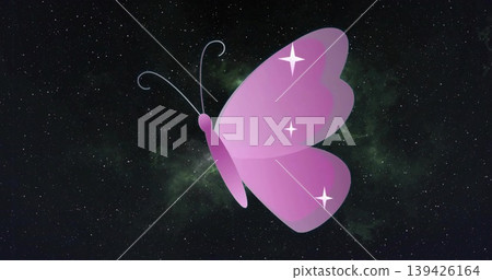 Floating purple-pink gradient butterfly gliding through outer space, with star-sparkle accents Floating purple-pink gradient butterfly gliding through outer space, with star-sparkle accents 139426164