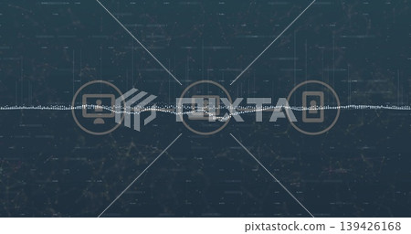 Network visualization running in interface, with white waveform and circular monitors, mobile icon Network visualization running in interface, with white waveform and circular monitors, mobile icon 139426168