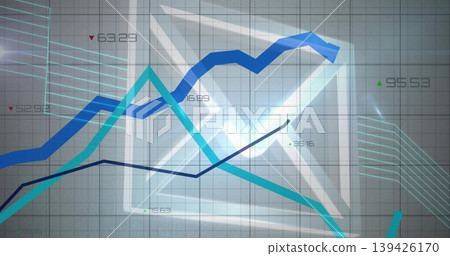 Oscillating financial chart on grid, showing colored trend lines, numeric arrowed labels, 3D shape Oscillating financial chart on grid, showing colored trend lines, numeric arrowed labels, 3D shape 139426170