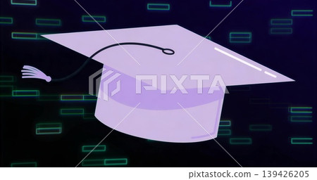 Floating purple mortarboard cap with black tassel hovering over dark digital green code background Floating purple mortarboard cap with black tassel hovering over dark digital green code background 139426205
