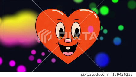 Floating red heart cartoon character drifting over dark digital backdrop, with neon bokeh accents Floating red heart cartoon character drifting over dark digital backdrop, with neon bokeh accents 139426232