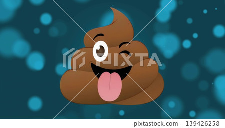 Showing brown poop emoji winking and sticking tongue out on dark teal background, with bokeh lights Showing brown poop emoji winking and sticking tongue out on dark teal background, with bokeh lights 139426258