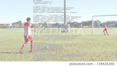 Charging soccer player in red kit on community field, with goal net, code overlay, copy space Charging soccer player in red kit on community field, with goal net, code overlay, copy space 139426260