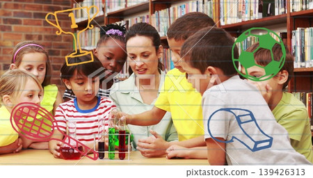 Holding test tube, female teacher guiding eight children in library, with test tube rack Holding test tube, female teacher guiding eight children in library, with test tube rack 139426313