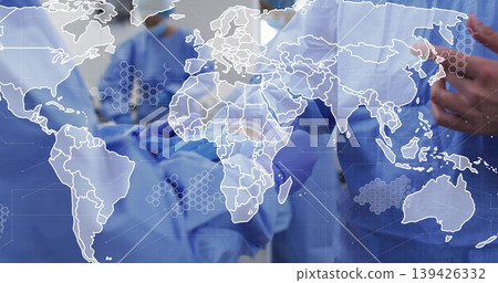 Performing surgery, doctors working with patient under drapes in OR, with world map overlay 139426332