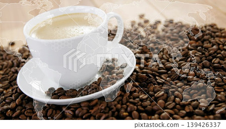White ceramic cup with saucer holding frothy coffee on beans strewn tabletop, world map overlay White ceramic cup with saucer holding frothy coffee on beans strewn tabletop, world map overlay 139426337