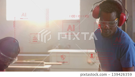 Working woodworker wearing glasses and earmuffs cutting wood at workshop, AI overlays, copy space Working woodworker wearing glasses and earmuffs cutting wood at workshop, AI overlays, copy space 139426359