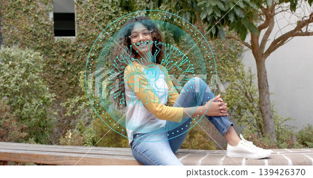 Sitting teenage girl wearing raglan shirt on bench in courtyard with ivy wall, with AI overlay Sitting teenage girl wearing raglan shirt on bench in courtyard with ivy wall, with AI overlay 139426370