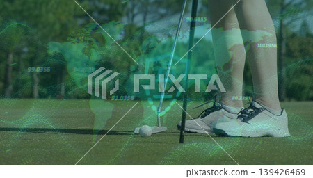 Golfer's legs aligning on putting green, projecting digital overlay with ball, putter and flagstick Golfer's legs aligning on putting green, projecting digital overlay with ball, putter and flagstick 139426469