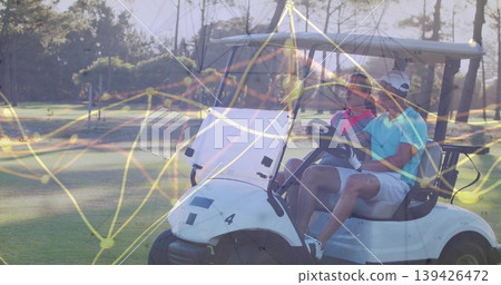 riding friends steering golf cart number 4 on fairway, in golf attire with clubs, network overlay riding friends steering golf cart number 4 on fairway, in golf attire with clubs, network overlay 139426472