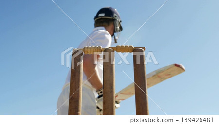 Standing cricket batsman wearing helmet and gloves holding bat on pitch with stumps and bails Standing cricket batsman wearing helmet and gloves holding bat on pitch with stumps and bails 139426481