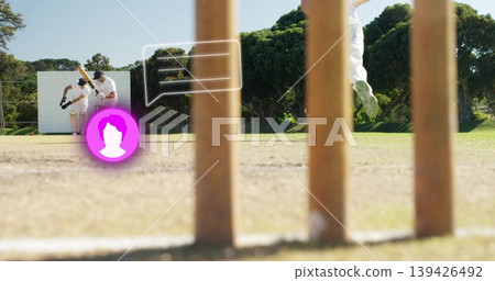 Swinging batsman facing wicketkeeper on cricket pitch, with stumps, speech overlay and avatar icon Swinging batsman facing wicketkeeper on cricket pitch, with stumps, speech overlay and avatar icon 139426492