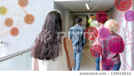 Walking woman wearing sleeveless white top with tan bag along corridor, handrail and pink overlays Walking woman wearing sleeveless white top with tan bag along corridor, handrail and pink overlays 139426610