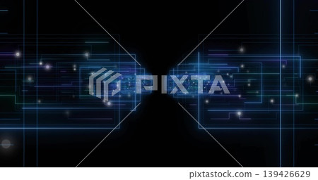 Forming mirrored neon-blue rectangular frames in deep black void, showing glowing particle clusters Forming mirrored neon-blue rectangular frames in deep black void, showing glowing particle clusters 139426629