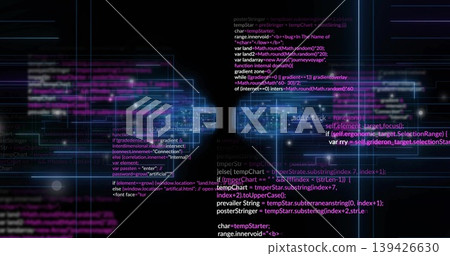 Displaying centered columns of monospace code over neon panels in virtual UI, glowing nodes Displaying centered columns of monospace code over neon panels in virtual UI, glowing nodes 139426630