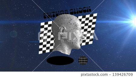 Floating 3D head in space with checkerboard panel, FUTURE SHOCK text, black oval, grid sphere Floating 3D head in space with checkerboard panel, FUTURE SHOCK text, black oval, grid sphere 139426709