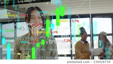 Writing Asian Chinese woman marking candlestick charts on glass board in office, with documents 139426739