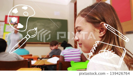 Listening female student following chalkboard lesson at school classroom, with green folder Listening female student following chalkboard lesson at school classroom, with green folder 139426764