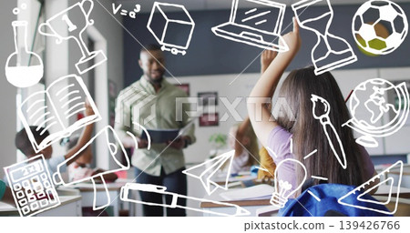 Raising hand girl in purple shirt engaging male teacher in classroom, with doodles, copy space Raising hand girl in purple shirt engaging male teacher in classroom, with doodles, copy space 139426766