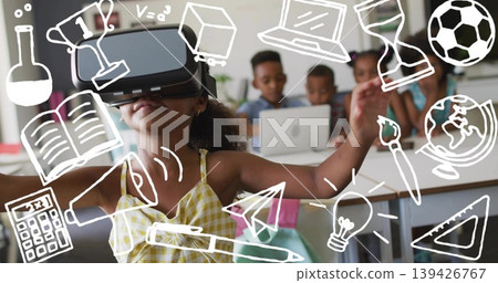 Using VR headset child in yellow check dress stretching arms at classroom, with doodle icons Using VR headset child in yellow check dress stretching arms at classroom, with doodle icons 139426767
