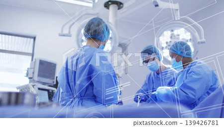 Operating surgical team performing operation in surgical suite, with lights and monitor overlays Operating surgical team performing operation in surgical suite, with lights and monitor overlays 139426781
