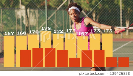 Swinging player holding racket wearing pink top on outdoor tennis court with bar chart overlay Swinging player holding racket wearing pink top on outdoor tennis court with bar chart overlay 139426828