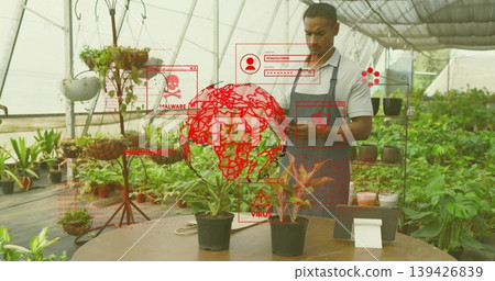 Gardener checking smartphone and viewing plants in greenhouse with cybersecurity icons, copy space Gardener checking smartphone and viewing plants in greenhouse with cybersecurity icons, copy space 139426839